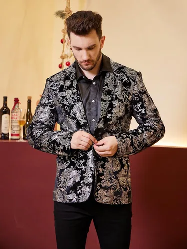 Vista 5 de WULFUL Chaqueta de traje floral para hombre, ajustado, elegante, para cena, fiesta, graduación, boda, esmoquin