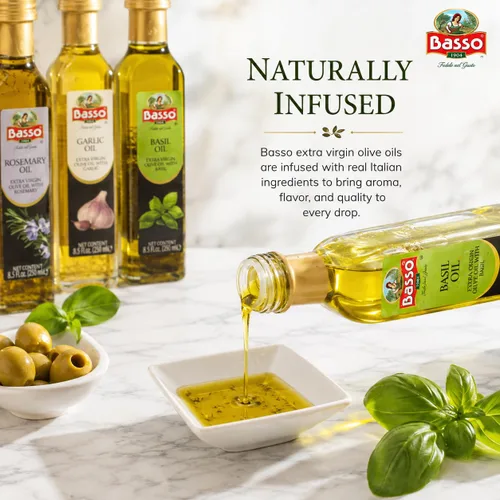 Vista 2 de Aceite de Oliva Extra Virgen con Albahaca para Sumergir y Degustar 8.5 fl oz (250 ml) Aceite de oliva con sabor a albahaca para sumergir