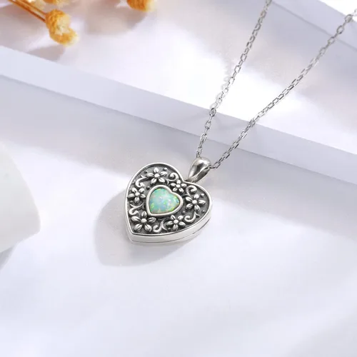 Vista 4 de MANBU Collar con medallón de plata de ley para mujer colgante de medallón de ópalo de corazón que sostiene imágenes siempre contigo, fotos
