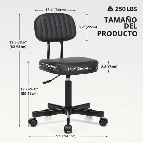 Vista 2 de Silla de oficina pequeña, silla de escritorio alta sin brazos, taburete con Negro
