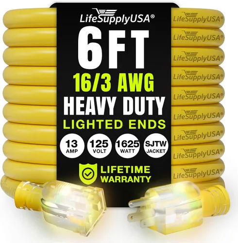 Vista 99 de Cable de extensión SJT de 12/3 300 V con luz LED para uso en interiores y exteriores con enchufe con iluminación LED Amarillo