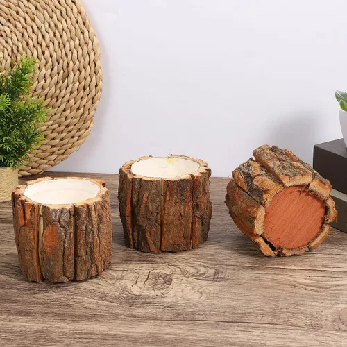Vista 7 de Housoutil Jarrón de madera para centros de mesa, paquete de 3 macetas rústicas de tocón de árbol, cubo de flores de corteza de madera para bodas