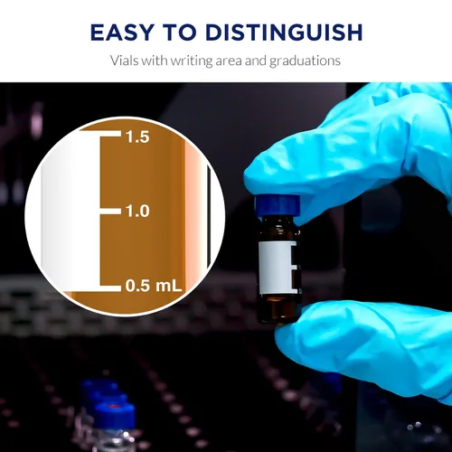 Vista 5 de Viales de muestreo automático de 0.1 fl oz, viales de muestra HPLC/GC, con área de escritura y graduaciones, tapón de rosca 9-425, PTFE azul