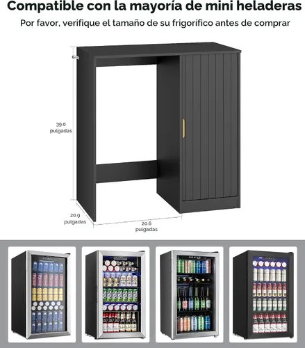 Vista 3 de Lamtor Barra de café con espacio para mini refrigerador, gabinete de barra de café con toma de corriente, mini gabinete de nevera estriado