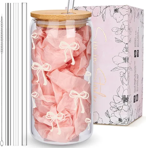 Vista 9 de BIPEDS Coquette Tazas de vidrio lindas con moño rosa y tapas y pajitas, taza de café helado estética, taza de diseño preppy femenino, regalos