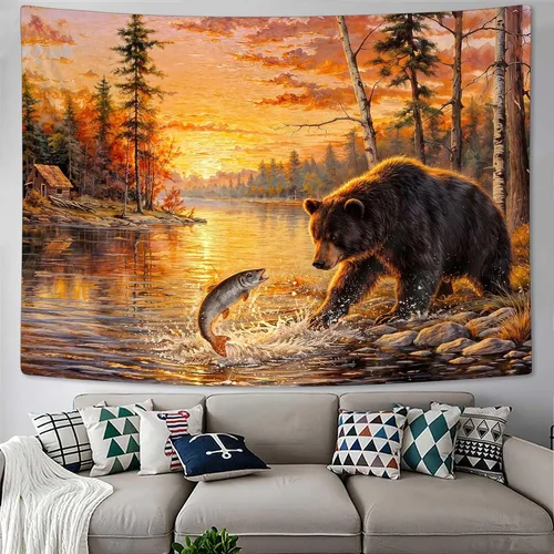 Vista 6 de DYNH Tapiz de pesca de oso negro, para colgar en la pared de cabaña de lago y puesta de sol, paisaje, naturaleza, bosque, tapiz para dormitorio