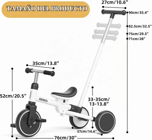 Vista 10 de KORIMEFA Triciclo 5 en 1 para niños pequeños de 1 a 3 años, bicicleta para Blanco