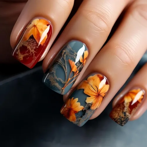 Vista 21 de Uñas postizas a presión de otoño, uñas postizas cortas cuadradas de MABKJLF con diseños de hojas de arce, pegamento brillante en uñas, uñas