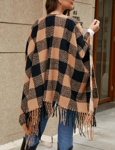 Vista 2 de VIMPUNEC - Pashmina estilo bohemio con patrón a cuadros para mujer, con borla.