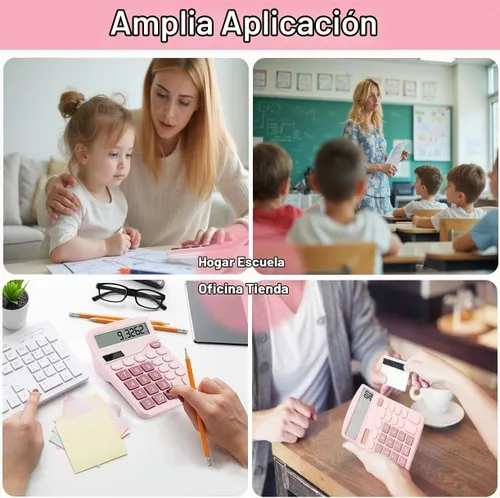 Vista 6 de Bonita calculadora básica de escritorio para niños, doble energía solar y de batería, 4 funciones simples y cálculos financieros básicos con botones