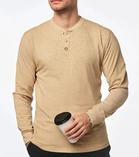 Vista 4 de M&F EVENMINE Camisas Henley de moda para hombre, casual, con botones, manga largacorta, ajustada, de algodón, con bolsillo