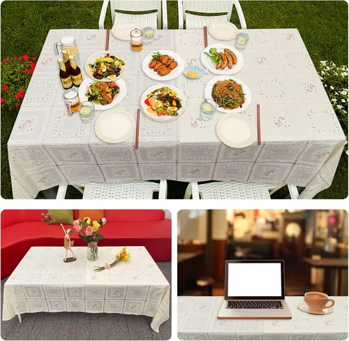 Vista 3 de Mantel de vinilo impermeable a prueba de aceite, mantel de encaje de plástico para mesa rectangular, decoración del hogar texturizada para fiestas