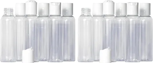 Vista 7 de TSA - Botellas vacías de plástico transparente de 2 onzas con tapa superior de disco blanco, sin BPA, juego de 6, tamaño de viaje de 2 onzas