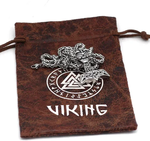Vista 6 de Collar de Mjolnir de Thor para hombre, regalo vikingo de cuervo para hombre, joyería nórdica Odin con bolsa de regalo Valknut, Acero inoxidable, No