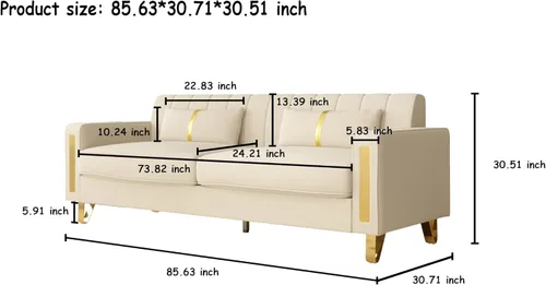 Vista 2 de Sofá de dos plazas para sala de estar, sofá de terciopelo beige de 86 pulgadas con 2 almohadas y patas de metal dorado, sofá tapizado moderno sofá