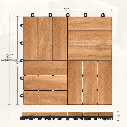 Vista 3 de Yaheetech 27 piezas de baldosas de madera dura entrelazadas para terraza de patio Acacia, baldosas de piso de madera impermeables para patio