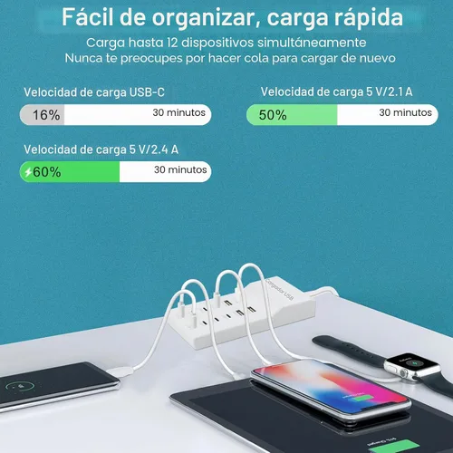 Vista 5 de Cargador USB, estación de carga de 12 puertos (4 puertos USB-A y 8 puertos USB-C) compatible con múltiples dispositivos para iPhone 15/14/13/12Pro