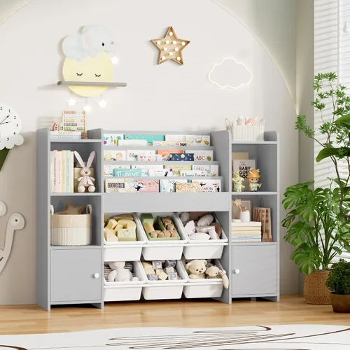 Vista 8 de FINETONES Organizador de almacenamiento de juguetes con 6 cubos de juguetes, organizador de juguetes para niños con 6 cubículos, organizadores