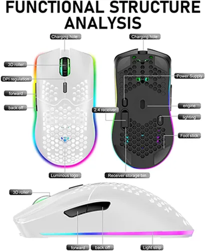Vista 9 de XINMENG Ratón inalámbrico para juegos, diseño de panal ligero, 3200 DPI recargable, con 16 retroiluminación arcoíris, receptor USB, compatible
