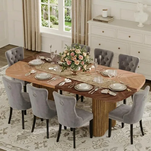 Vista 11 de Mesa de comedor extra larga de 78.7 pulgadas para 6-10 personas, mesa de cocina moderna con bases estriadas, mesa de comedor rectangular de granja
