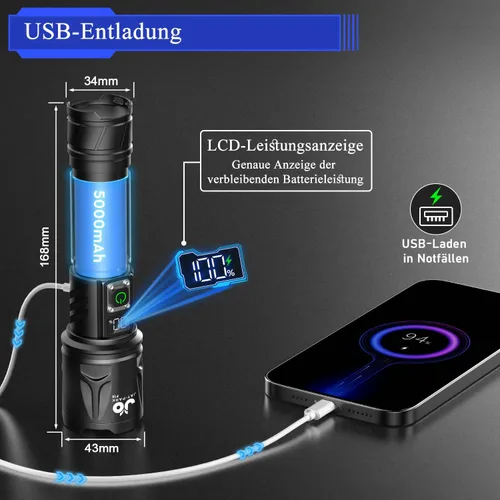 Vista 5 de JAY-PARK Flashlight Rechargeable 10000 Lumens, LED Flashlights High Lumens with 10800mAh Battery and LCD Power Display, Zoomable, 5 Lighting Modes