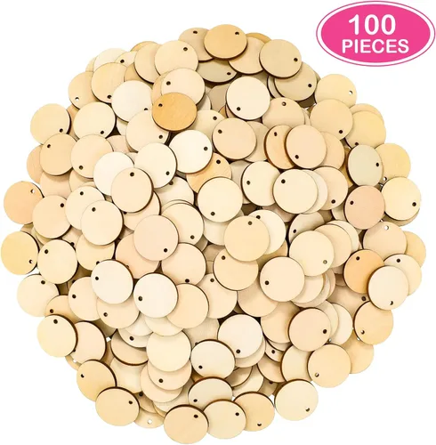 Vista 2 de 100 piezas de discos de madera redondos sin terminar con orificios para manualidades, discos de madera circulares en blanco para bricolaje, cortes