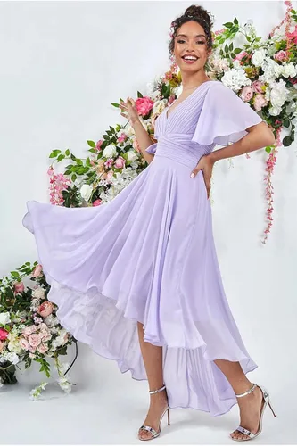 Vista 3 de High Low Bridesmaid Dresses 2023 V Neck Flutter Sleeves Formal Party Dress with Pockets