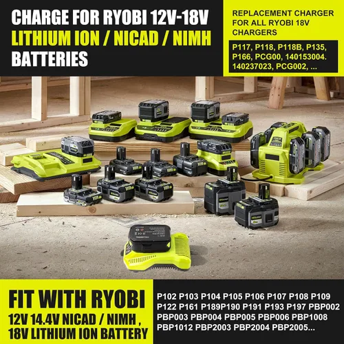 Vista 2 de 【Actualización】 Cargador de repuesto para cargador Ryobi de 18 V P117 compatible con Ryobi 12V-18V One+ batería de litio NiCad NiMh P102 P108 P189