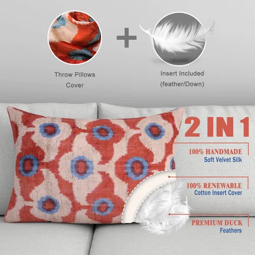 Vista 2 de CANVELLO Almohada de terciopelo de lujo hecha a mano con inserto de plumón, 16 x 24 pulgadas, patrón geométrico floral en rojo, azul y marfil, cojín
