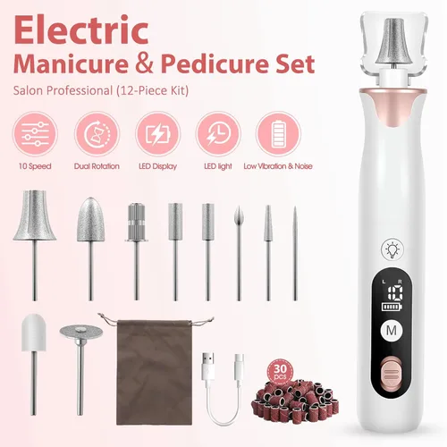 Vista 2 de Haootadiy Lima eléctrica de uñas, pulidor eléctrico inalámbrico con brocas de uñas, bandas de lijado, juego profesional de manicura y pedicura