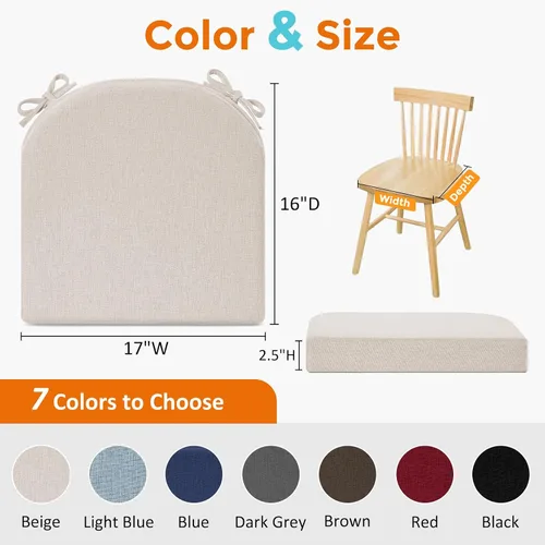 Vista 6 de downluxe Cojines para sillas de comedor, almohadillas de lino de espuma viscoelástica para sillas de cocina con lazos, cubierta impermeable, Beige