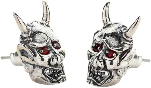 Vista 2 de Pendientes de plata de ley con ojos rojos japoneses de diablo calavera Oni máscara