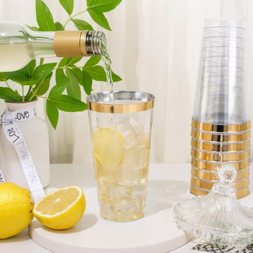 Vista 2 de DaYammi Paquete de 100 vasos de plástico dorados de 16 onzas, elegantes vasos de plástico transparente con borde dorado, desechables, copas de vino