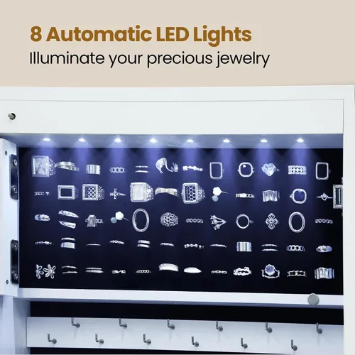 Vista 3 de Hzuaneri Armario de joyería con espejo de 8 LED, organizador de joyas de 35.4 pulgadas, armario de almacenamiento con cerradura para montaje