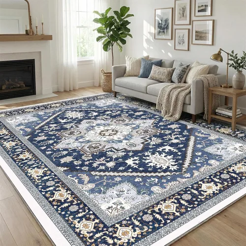 Vista 310 de OPPODREAM Alfombras suaves, pequeñas y lavables con parte trasera antideslizante, alfombra de cachemira sintética de pelo bajo, 2 x 3 pies, azul