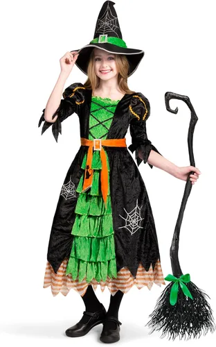 Vista 4 de Spooktacular Creations Disfraz de bruja de cuento de hadas con escoba para niñas Verde