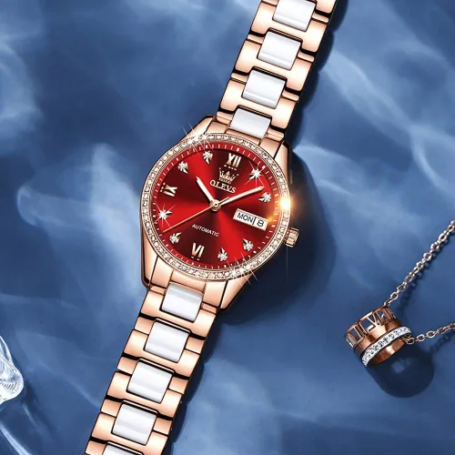 Vista 8 de OLEVS Relojes de oro rosa para mujer correa de acero inoxidable de cerámica reloj mecánico automático calendario de puntero luminoso impermeable