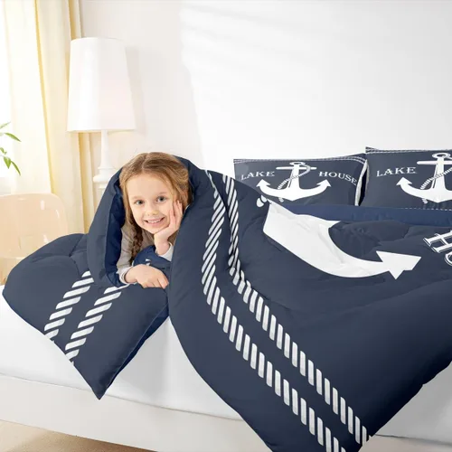 Vista 4 de Juego de edredón Lake Home Camper tamaño King, juego de ropa de cama náutica con ancla para niños, niñas, niños, adultos, decoración de dormitorio