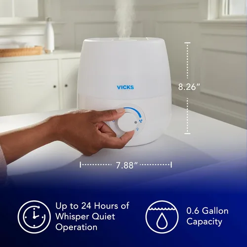Vista 4 de Vicks NaturalCare Humidificador ultrasónico de niebla fría (VUL530), blanco, habitación pequeña, humidificador y difusor con luz nocturna, funciona