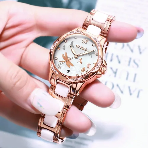 Vista 5 de OLEVS Relojes de oro rosa para mujer correa de acero inoxidable de cerámica reloj mecánico automático calendario de puntero luminoso impermeable