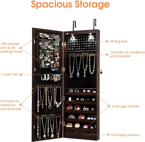 Vista 2 de Giantex Organizador de joyas montado en la paredpuerta con 2 luces LED, armario de joyería de altura ajustable con cerradura con espejo de longitud