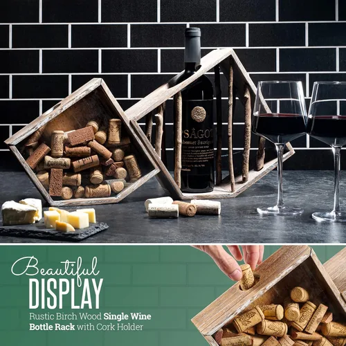 Vista 2 de Soporte para botellas de vino – Estante individual de madera de abedul rústico para botellas de vino con soporte de corcho, vitrina de madera