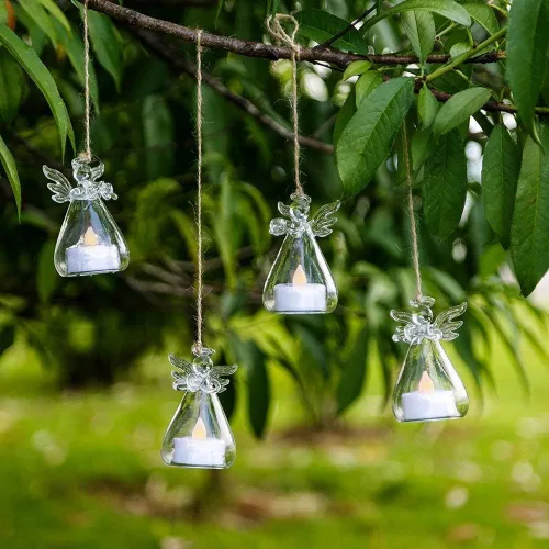 Vista 4 de Paquete de 12 portavelas de cristal colgantes, candelabros de ángel con vela LED en el interior, decoración votiva para boda, fiesta, restaurante