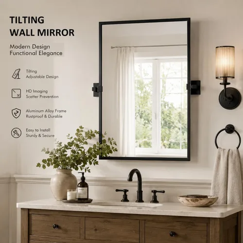 Vista 4 de Espejo rectangular de baño – 24 x 36 pulgadas, marco de metal negro, espejos de tocador biselados inclinables, moderno espejo pivote