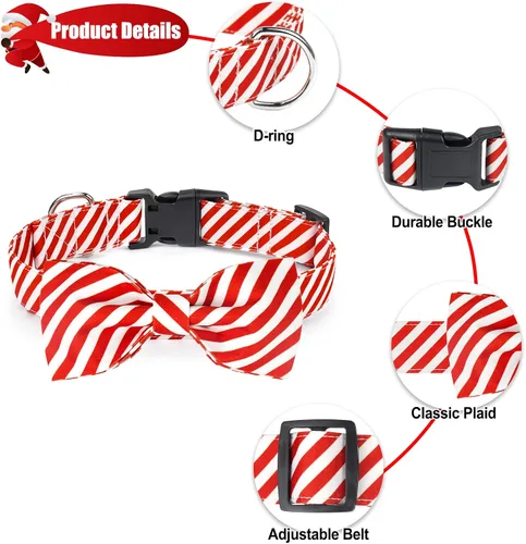 Vista 4 de Malier Lindo collar de Navidad ajustable con corbatín, rayas clásicas para perros y gatos pequeños a grandes (rayas rojas, mediano)