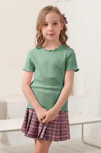 Vista 5 de GORLYA Paquete de 2 camisetas básicas lisas con ribete de lechuga para niñas, blusas casuales de punto acanalado para 4-14T