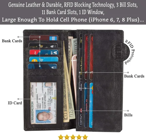 Vista 2 de Mou Meraki Cartera larga plegable de cuero genuino para hombre con bloqueo RFID