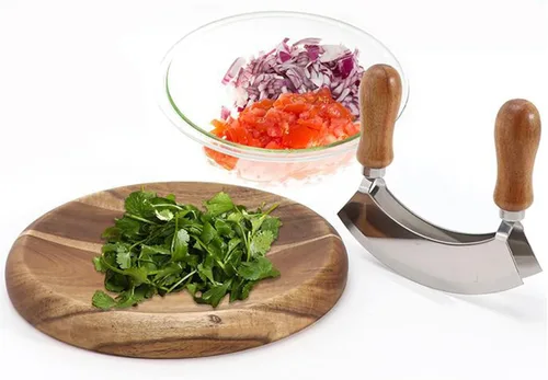 Vista 4 de Mezzaluna - Cuchillo y tabla de cortar redonda, cuchillo de corte de doble hoja de acero inoxidable, cortador de pizza con tabla de cortar
