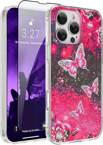 Vista 8 de OOK Diseños para iPhone 14 Pro Max Funda con Purpurina Mariposa Púrpura Diseño de Nebulosa Espacial PC Duro + TPU Suave Parachoques Antideslizante
