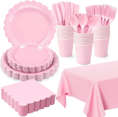 Vista 10 de 176 platos y servilletas color marfil, platos festoneados beige, servilletas, vasos, cubiertos, mantel para baby shower, boda, decoración de fiesta